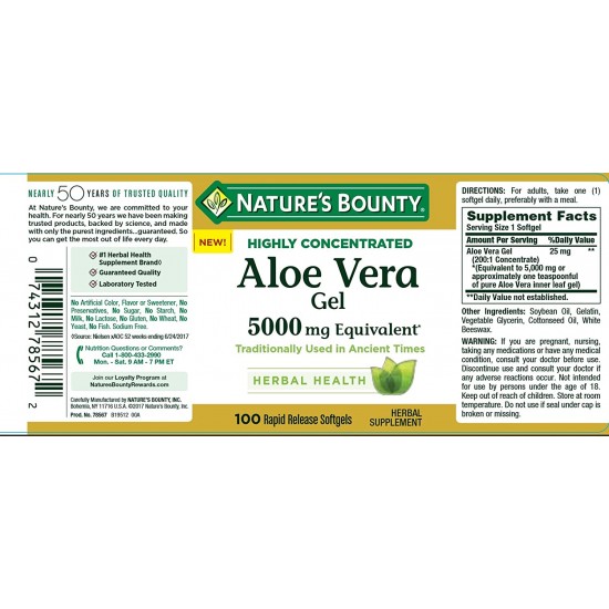 Nature's Bounty Aloe Vera Gel 5,000mg (100 Rapid Release Softgels)
