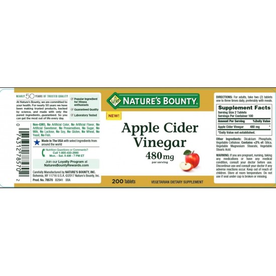 Nature's Bounty Apple Cider Vinegar 480 mg (200 Tablets) 