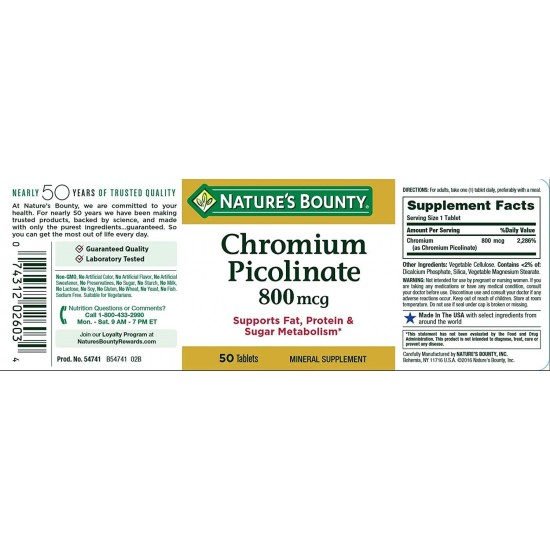 Nature's Bounty Chromium Picolinate 800 mcg 50 Tablets 