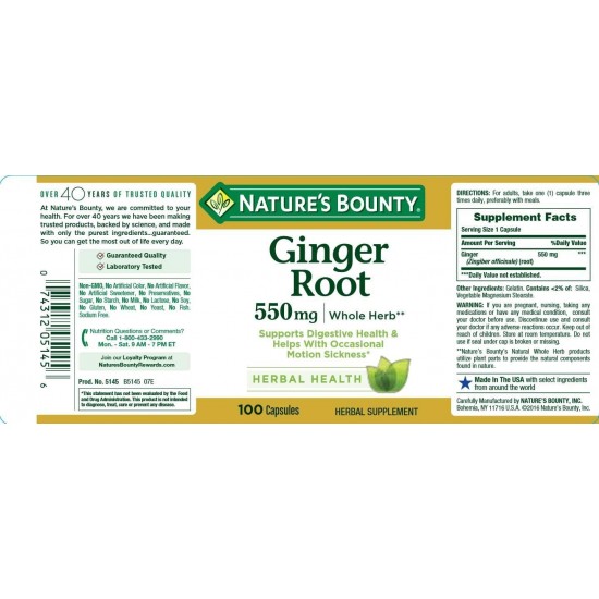 Nature's Bounty Ginger Root 550mg 100 Capsules