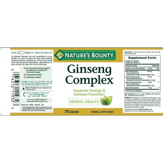Nature's Bounty Ginseng Complex 75 Capsules 