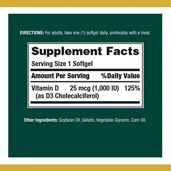 Vitamin D3 25 Mcg (IU-1000) Softgels - 120 Counts - Immune Health