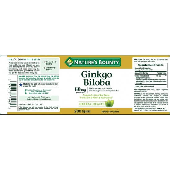   Nature’s Bounty Ginkgo Biloba 60mg 200 Capsules